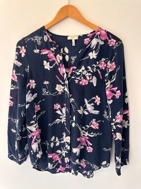 Joie Michi Navy Blue & Pink Floral 100% Silk Blouse Size S